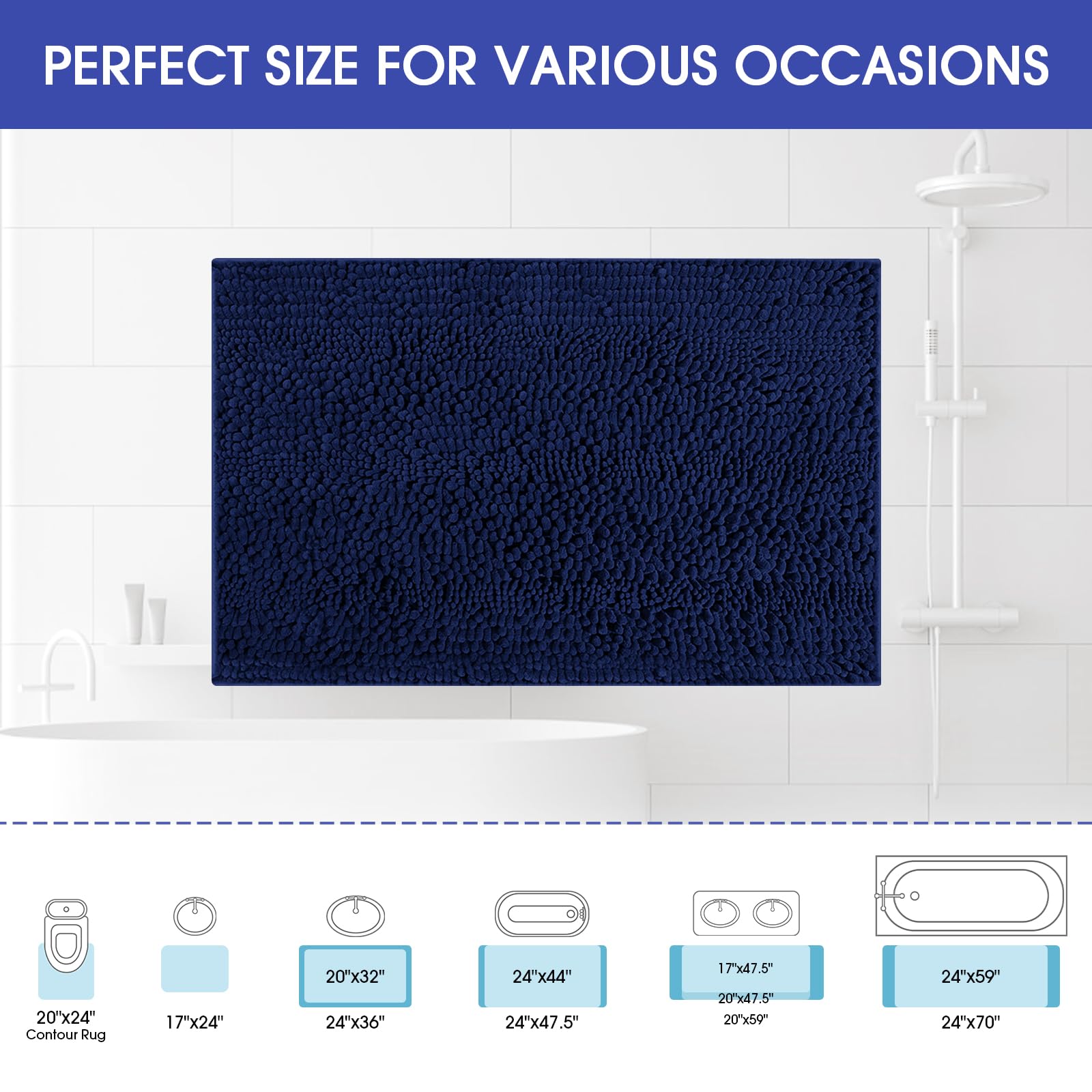 Accumtek Striped Navy Blue Bathroom Rug Mat 59X24 Ultra Soft, Non Slip Chenille Bath Rugs, Absorbent Plush Shaggy Bath Mats